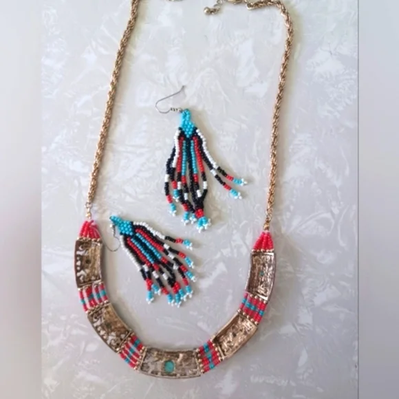 Beaded Necklace and Earrings Red & Turquoise - Picture 4 of 7